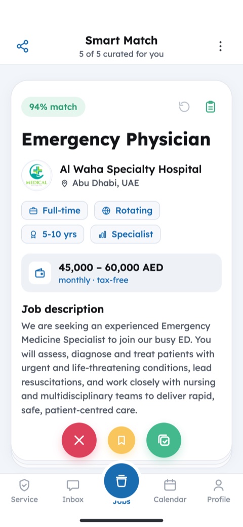 The Scrub Valley app's Smart Match screen showing an Emergency Physician job